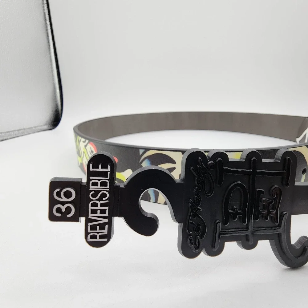 Ed Hardy Live to Ride Reversible Belt Mens Sz‎ 36 Graphic Print Metal Buckle NEW